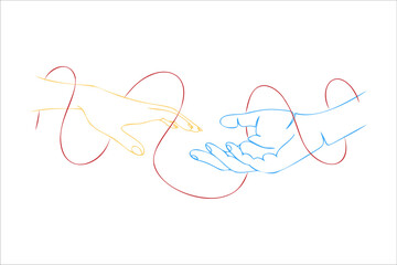 The touch of hands. Stretching hands to each other in support. Clipart gestures. Yellow-blue hand drawing, the color of the flag of Ukraine. Vector hands. No war.