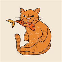 Red cat with a fish in his mouth, carp fish. Asian style. . Retro style from Japan. Flat vector illustration isolated on white background.