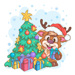 Cartoon Deer and Christmas Tree. Clipart. A cute cartoon illustration of a deer peeking out from behind a Christmas tree with a gift in its paw. Christmas cartoon mascot.