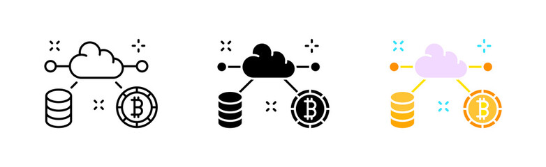 Bitcoin trading set icon. Financial management, exchange, online, internet, accounting, cloud storage features, blockchain, Cryptocurrency concept. Vector icon in line, black and colorful style