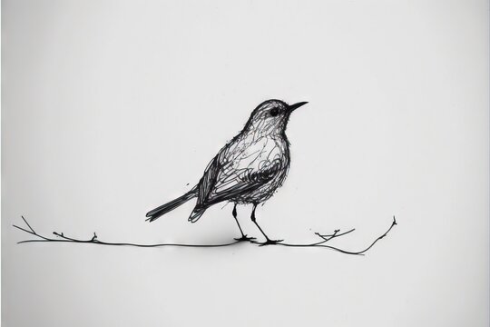 a black and white drawing of a bird sitting on a twig on a branch with a sky in the backgroup of the picture and a white sky behind the bird is a black and white background.