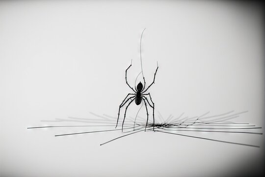 a black and white photo of a spider on a white background with long thin lines in the center of the image and a shadow of the spider on the bottom of the image is black.
