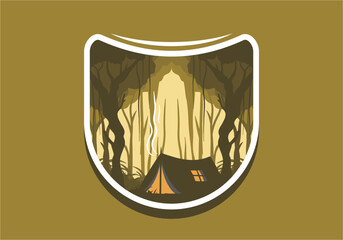 Camping tent in a dense forest flat illustration