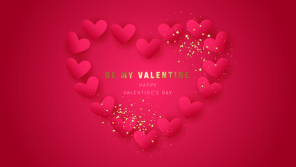 Valentine's day greeting card. Red hearts decorated gold sequins on red background