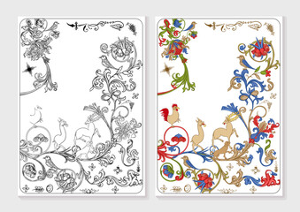 Floral and animal vintage Medieval illuminati manuscript inspiration. Romanesque style. Coloring page for the adult coloring book. Vector illustration.
