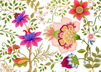 Fantasy flowers in retro, vintage, jacobean embroidery style. Seamless pattern, background. Vector illustration.