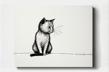 a black and white drawing of a cat sitting on a table next to a white wall and a white wall with a black and white drawing of a cat on it's face and a white background.