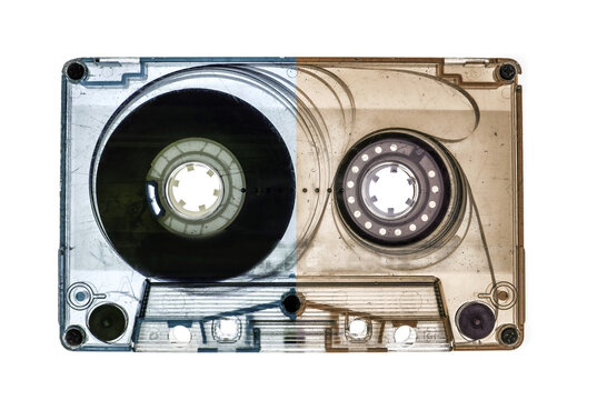 two color old audio cassette tape on white background