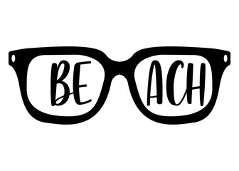 Fototapeta premium Logo destino de vacaciones. Silueta aislada de gafas de sol con palabra Beach en texto manuscrito