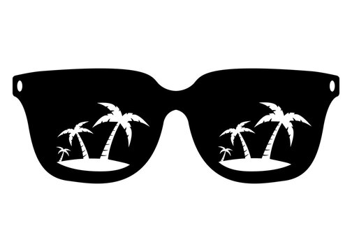 Logo destino de vacaciones. Silueta aislada de gafas de sol con reflejo de playa con las palmas en espacio negativo