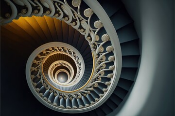 a spiral staircase in a building with a light at the end of the spiral stairs is illuminated by the light from the top of the spiral stairs on the stairs, with a dark background.
