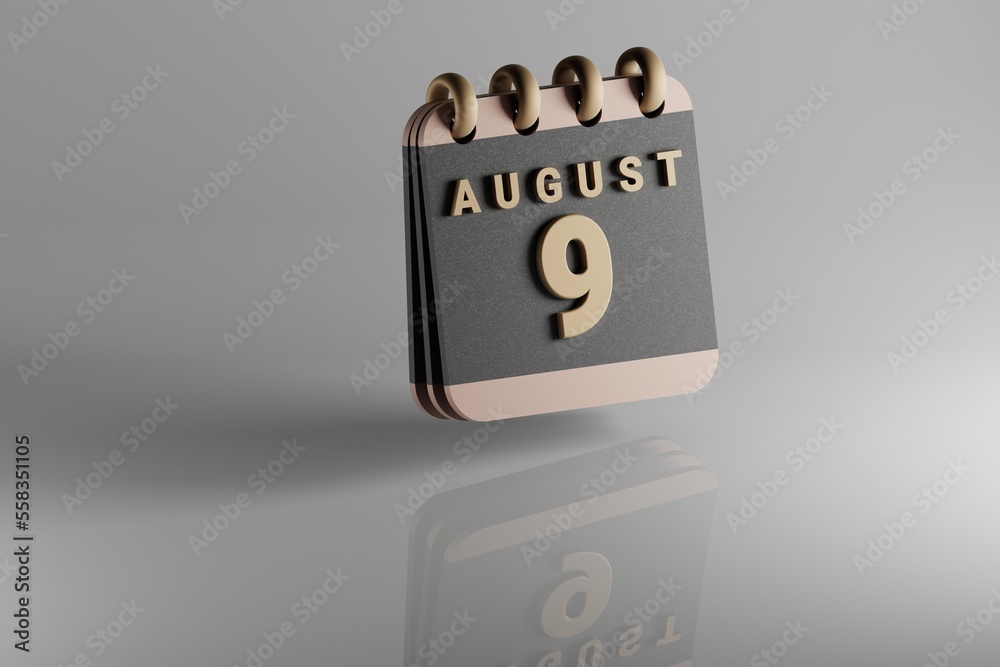 Poster Standing black and golden month lined desk calendar with date August 9. Modern design with golden elements, 3d rendering illustration. White ceramic reflection background...