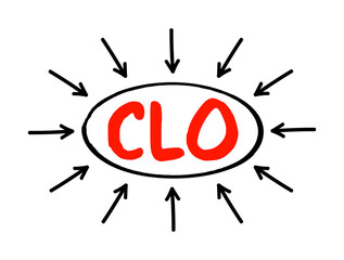 CLO Chief Legal Officer - head of the corporate legal department and is responsible for the legal affairs of the entire corporation, acronym text concept with arrows
