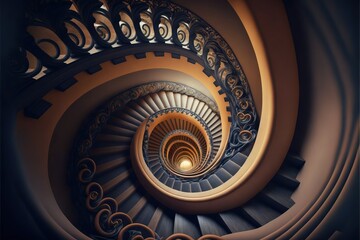 a spiral staircase with a light at the end of it and a light at the end of the spiral stair case in the center of the photo is a light at the end of the top of the spiral staircase.