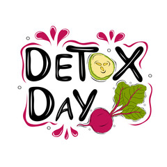 Detox diet text with cucumber slice and beet. Lettering logo on white background. Detox Diet Concept. Healthy Nutrition. Vector illustration