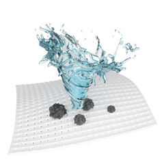 Show washing with a whirlpool, vortex, water rotating on the fabric fiber surface, 3d advertising illustration clean with washing powder, liquid detergent, 3d render