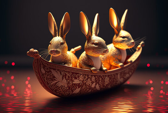 Generative AI of 3 horoscope rabbits sailing on a canoe concept for Happy Chinese new year 2023 the year of the water rabbit in China