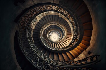 a spiral staircase in a building with a light at the end of it's spiral staircase, looking down at the floor and the top of the spiral stairs, with a light at the end of the. - obrazy, fototapety, plakaty