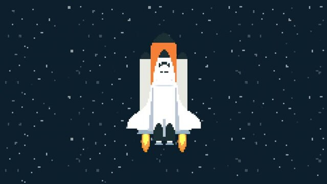 Pixel Shuttle in space animation. pixel art looped animation. Spacecraft flying in dark galaxy computer game video.