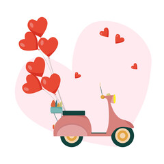 Romantic postcard. Retro scooter with heart balloons