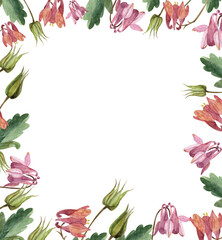 Pink bell,square frame made of pink bell,watercolor background on a white background for a postcard