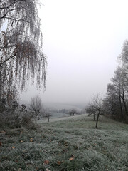 View down a foggy valley in Mettmann, Germany