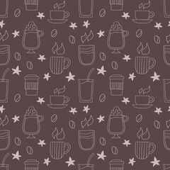 Seamless pattern with cups and mugs of coffee, latte, capuccino, americano. Pattern with coffee beans and flowers. Vector illustration