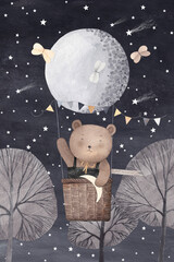 Funny bear flies on balloon among stars, butterflies. Watercolor hand drawn illustration. Can be used for kid poster or card. Night.