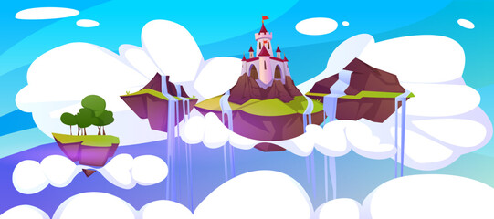 Cartoon magic pink castle and waterfall on floating island