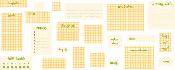 Ready to use essential digital stickers. Digital note papers and stickers for bullet journaling or planning. Hand-lettering on checkered background. Vector art.