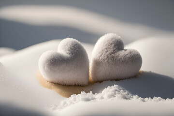 Valentine's Day represented by two hearts on snow