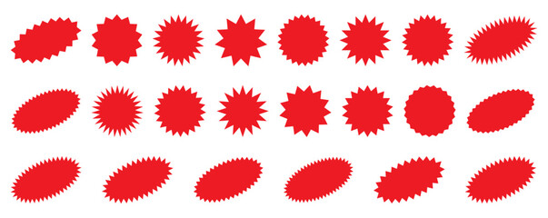 Sunburst promotion tag, bursting sticker promo badges, starburst speech bubbles. Explosion star button vector illustration.