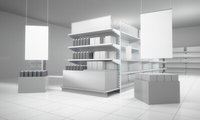 Box with products, packages mockup, Shelves in supermarket, Banner hangging in store, 3D rendering	