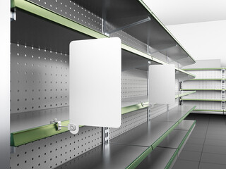 Shelves in supermarket, White shelf-stoppers from perspective view in store, 3D rendering	