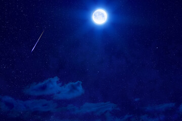 Fototapeta na wymiar Full Moon, Milky way, shooting star on a dark sky with some clouds.