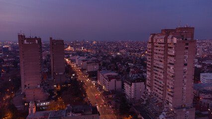 Fototapeta premium Jedinstvo concrete buildings, one of recognizable brutalism architecture symbols in Belgrade, capital of Serbia.