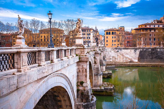 Rome riverfront and Tiber river Sant Angelo bridge view