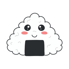 Onigiri in kawaii style. Cute Japanese sushi with a smile. Vector illustration. Cartoon style. Logo for a sushi restaurant. Funny Sushi Character.