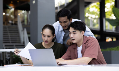 Meeting of asian man and woman in casual dress. Concept for working and open office.