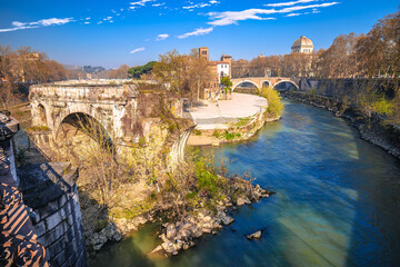 Tiber river island and Rome waterfront view