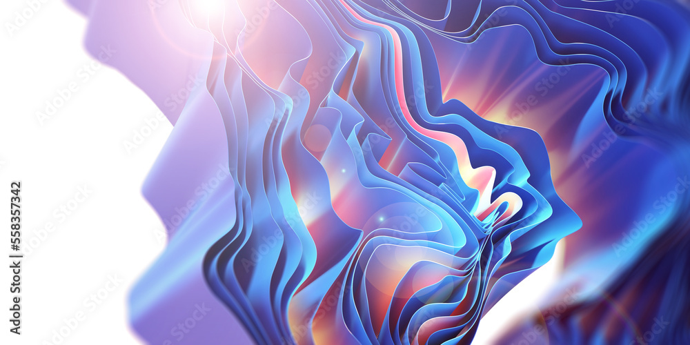 Poster abstract ribbon 3d illustration. wavy layers of glowing neon, twisted waves of transparent depths. p