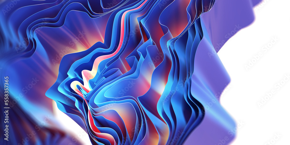 Fototapete Layers intertwined in a ball of innovation. Flowing rays from depths of abstract concepts. 3D illustration of neon lights with a fluid stream of frosty emotions