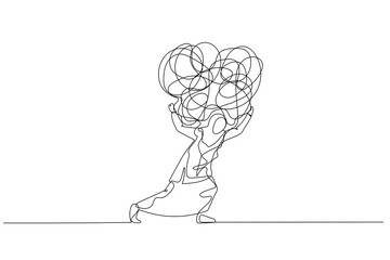 Drawing of muslim woman carrying heavy messy line on his back metaphor of stress from work. One line art style