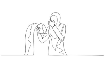 Illustration of muslim woman holding long list of bills stressed because of debt. Single continuous line art style