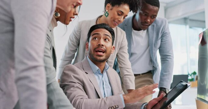 Teamwork, collaboration and group of business people with tablet for strategy, planning or brainstorming ideas. Meeting, leadership and employees with technology in discussion for advertising project