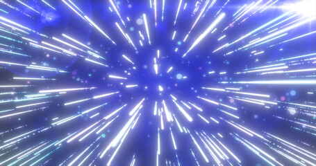 Abstract blue flying stars bright glowing in space with particles and magical energy lines in a tunnel in open space with sun rays. Abstract background