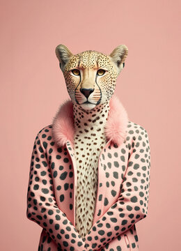 Pastel pink illustrated portrait of a leopard standing and posing in an animal leopard print sweater. Abstract half animal half man. Illustration. Generative AI.