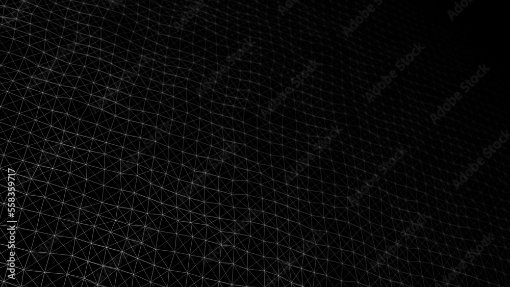 Poster Wave of digital particles on a black background. Abstract interlacing lines and points. Digital connection of elements. Simulation of the movement of small particles. 3D rendering.