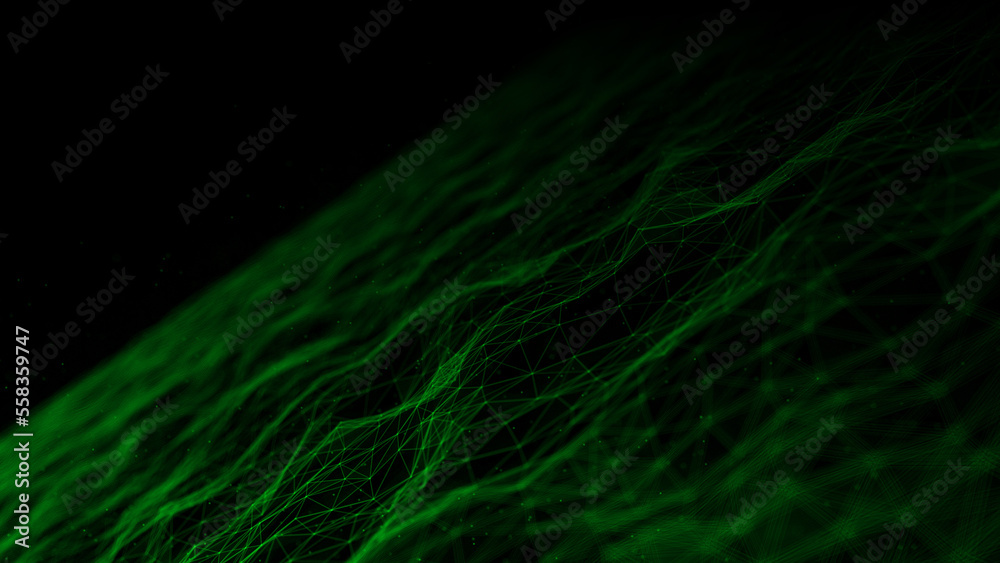 Poster Futuristic wave with lines and dots. Abstract background with a dynamic wave. Particle placement with hanging dots in space. Large data background. 3d rendering.