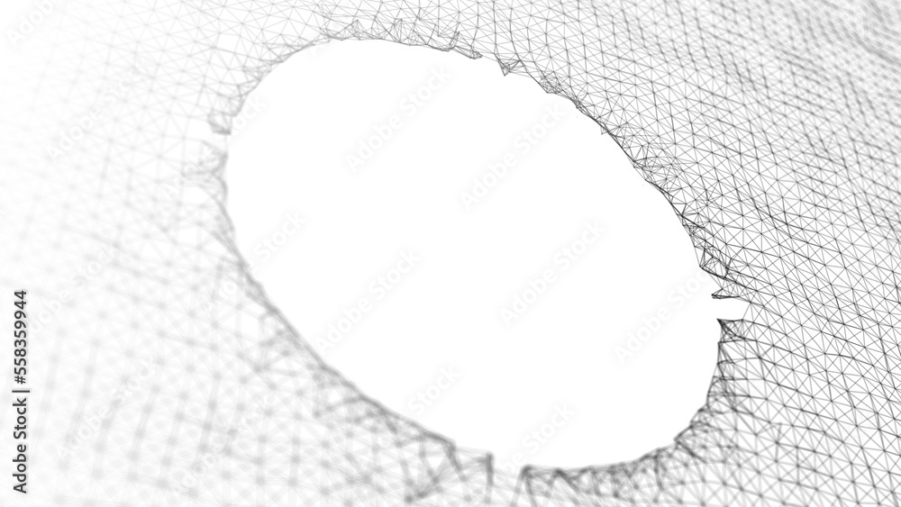 Poster Formation of a hole in particle waves. Abstract of intertwined lines and dots. Digital connection of elements. Imitation of waves. 3D visualization.
